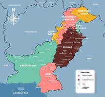 Pakistán mapa con capital de provincia y ciudad nombres vector