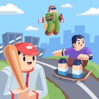 deporte juego con jetpack hombre, skater y béisbol jugador vector