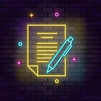 Exan, pen neon icon. Education neon icon on dark brick wall background. vector