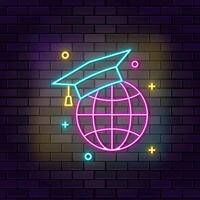 Global, graduate hat neon icon. Education neon icon on dark brick wall background. vector