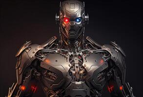 Cyborg with red light on dark background. 3D rendering. photo