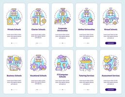Education service providers onboarding mobile app screen set. Walkthrough 5 steps editable graphic instructions with linear concepts. UI, UX, GUI template vector