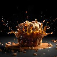 Melted chocolate poured over an apple on a black background with a splash, Image photo