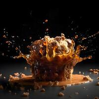 Melted chocolate poured over an apple on a black background with a splash, Image photo