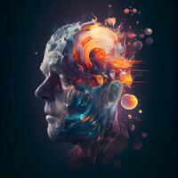Human head with colorful paint splashes on dark background. 3D rendering, Image photo