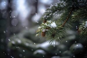 View of Christmas tree decorations on a green coniferous tree with some snow and soft bokeh lights in the background created with technology. photo