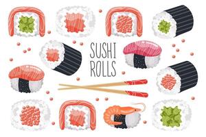 conjunto de Sushi rollos y palillos en un blanco antecedentes. asiático comida iconos, restaurante menú, vector