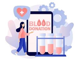 sangre donación - texto en teléfono inteligente pantalla. minúsculo voluntarios con enfermeras donando sangre en hospital. sangre prueba o análisis. salud cuidado. moderno plano dibujos animados estilo. vector ilustración