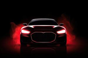 Front view dark silhouette of a modern luxury red car isolated on dark background with red neon light and smoke. photo