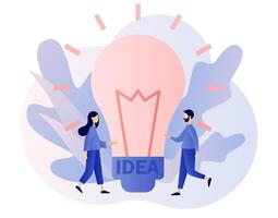 Big light bulb. Idea concept. Innovative lamp.Tiny people inspiration developing new business ideas. Thinking and brainstorm. Modern flat cartoon style. Vector illustration on white background