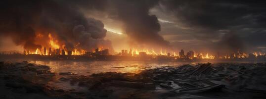 Post apocalypse. Nuclear apocalypse survivor. Ruined Cityscape. Concept. Banner size. Header, A nuclear explosion in the center of the metropolis. The beginning of apocalyptic, generate ai photo