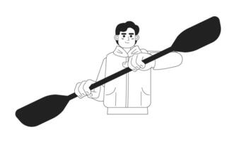 Young man rowing with kayak paddle monochromatic flat vector character. Male kayaker paddling. Editable thin line half body person on white. Simple bw cartoon spot image for web graphic design