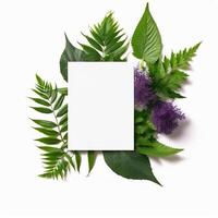 Frame with leaves. Creative layout with green leaves and blank card. AI Generated photo