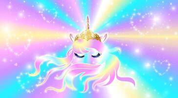 Face of a unicorn in a crown with closed eyes and a long lilac mane on a background with sparkles and stars iridescent iridescent rays. vector