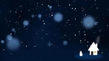 Snowy Christmas background with happy snowman waving in snowflakes snowfall snow particles and copy space happy Christmas eve with white house in snow and festive background for Christmas celebration video