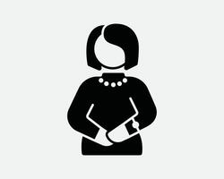 formal mujer en pie estar actitud postura entrevista presentador mujer de negocios dama negro y blanco icono firmar símbolo vector obra de arte clipart ilustración