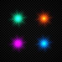 Light effect of lens flares. Set of four green, red, purple and blue glowing lights starburst effects with sparkles on a dark vector