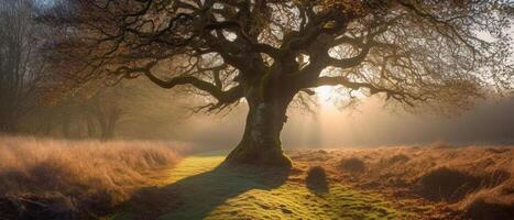 old oak tree foliage in morning light with sunlight on emp. Generative AI. photo