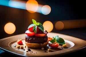 a dessert on a plate with a light background. AI-Generated photo