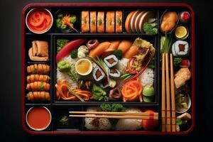 Fresh food portion in japanese bento box with salad main course Sushi roll with vegetables Vegetarian dish, Generative AI photo