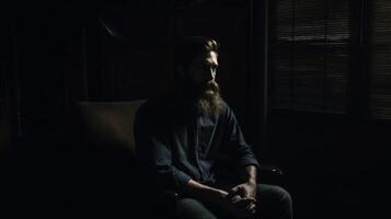 a man with a beard sits in a dark room photo