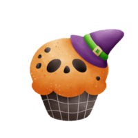 Halloween pumpkin cupcake decorated with purple witch hat on top png