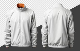 Plain white jacket mockup, parachute material, Front and back view, isolated on transparent background, photo