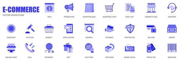 E-commerce concept of web icons set in simple flat design. Pack of info, shopping bag, cart, wish list, marketplace, discount, basket, search, payment and other. blue pictograms for mobile app vector