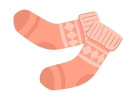 Warm knitted socks in flat design. Seasonal stockings with winter pattern. illustration isolated. vector