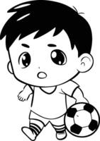 Cute little boy playing soccer on white background. vector