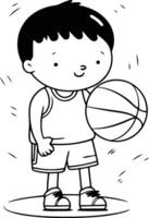 linda pequeño chico jugando baloncesto en dibujos animados estilo. vector