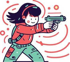 Cute little girl with a gun in a flat style. vector