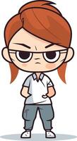 Angry little girl in glasses. Cute cartoon character. vector