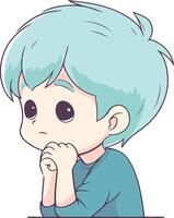 ilustración de un linda pequeño chico con azul pelo y pensando vector
