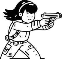 linda pequeño niña con un pistola en un plano estilo. vector