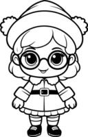 Coloring book for children girl in glasses and a Santa Claus hat vector