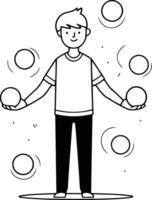 Man juggling balls in linear style on white background. vector