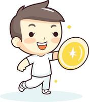 Cute boy holding gold coin. isolated on white background. vector