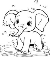 ilustración de dibujos animados linda bebé elefante en agua. colorante libro vector