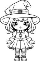 Cute little witch. Black and white illustration for coloring book. vector