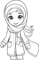 linda musulmán niña en hijab para colorante libro. vector