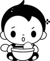 ilustración de un linda bebé chico comiendo un cuenco de arroz vector