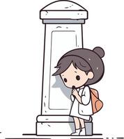 Young girl with backpack standing near column in cartoon style. vector