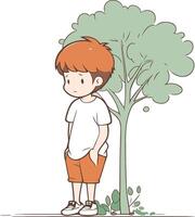 pequeño chico en pie siguiente a un árbol en dibujos animados estilo. vector