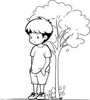 pequeño chico en pie siguiente a un árbol en dibujos animados estilo. vector