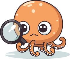 Octopus with magnifying glass. Cute cartoon illustration. vector