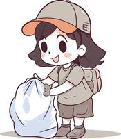 ilustración de un niño niña vistiendo un mochila y participación un bolso de basura vector