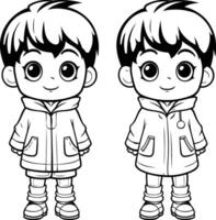 Cute boy and girl in winter clothes for coloring book. vector