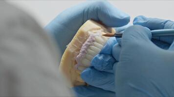 Painting Implant Zirconium Teeth with Brush in the Dental Prosthesis Laboratory video