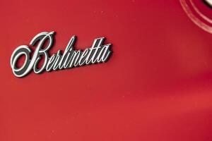 Vicenza Italy 19 March 2024 Close up of the emblem on a Ford Berlinetta highlighting its elegant design photo